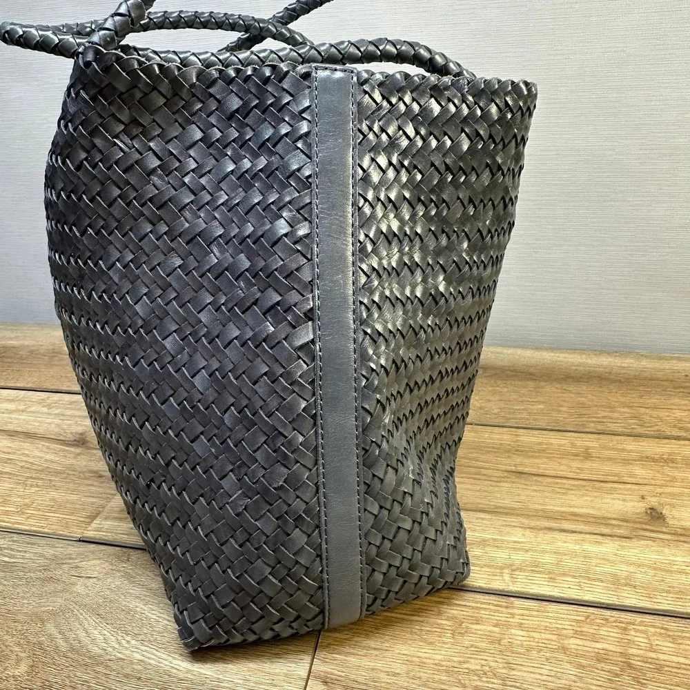 Madewell Navy Woven Genine Leather Tote Large Braided Handle Beach Marine Boho - Picture 6 of 16